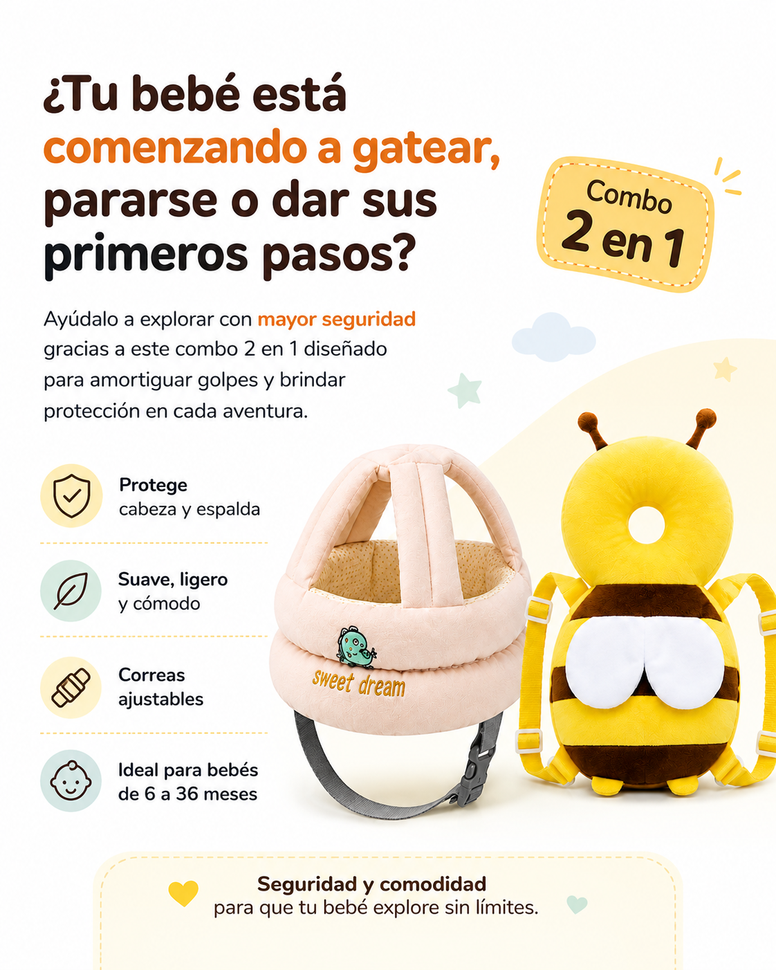 CASCO + COJIN ANTICAÍDA (2 EN 1) COMBO SEGURIDAD PARA BEBÉ